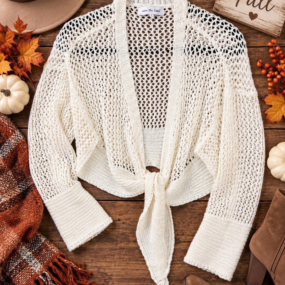 Jacqui E Open-Knit Cream Tie-Front Cardigan or wrap around back